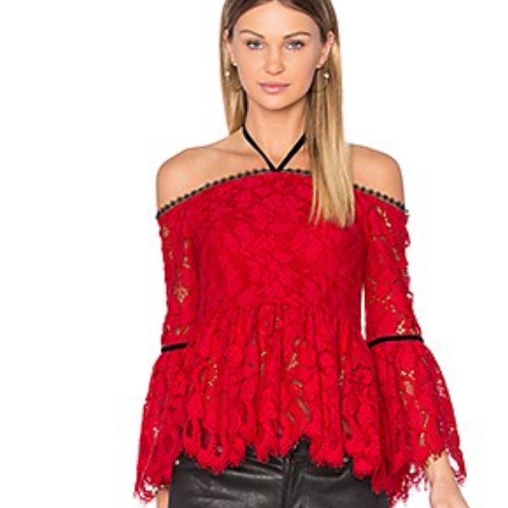 Alexis Red Lace Grace Whimsigoth Halter Blouse with Bell Sleeves